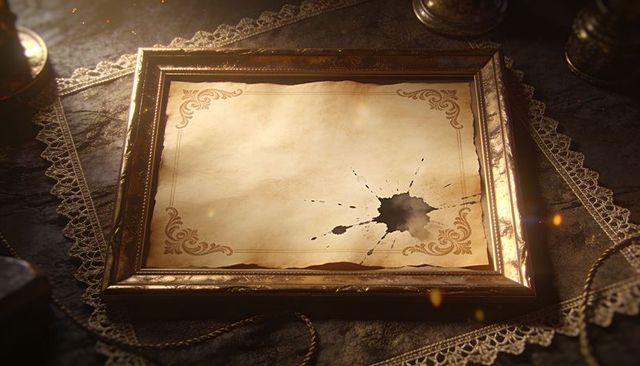 Lying gilded frame holding aged parchment marred by ink blot on lace runner