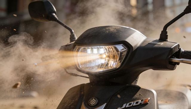 Scooter headlamp emitting beam through dust in gritty urban alley, front emblem visible