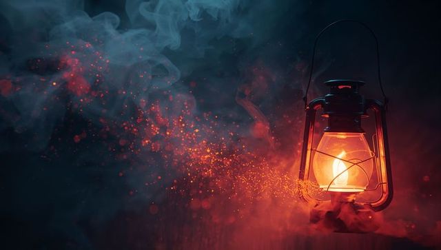 Vintage lantern with glowing embers in moody atmosphere