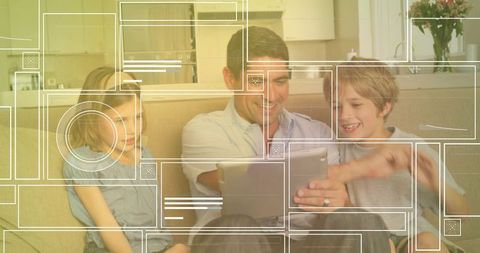 Father and Children Enjoying Tablet in Modern Living Room