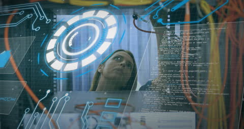 Female IT Engineer Fixing Computer Server with Digital Interface