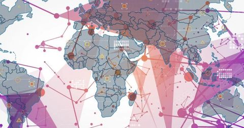 Global connectivity network map with nodes, links and geospatial infographic overlay