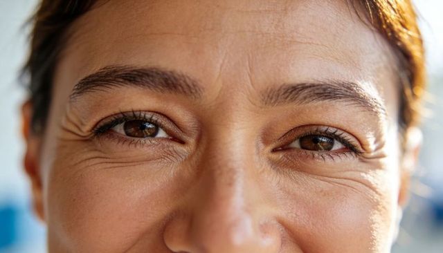 Close-up smiling mature woman showing crow's feet, forehead lines, brown eyes, healthy skin