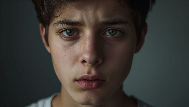 Contemplative teen closeup showing freckles and green eyes with moody lighting