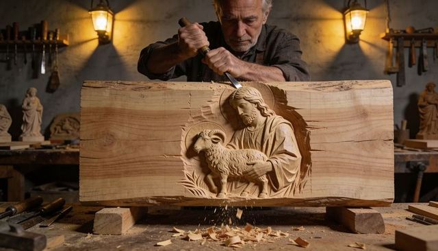 Senior woodcarver carving deep wood relief of shepherd and lamb under warm lantern light