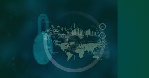 Cybersecurity digital interface with world map and data analytics