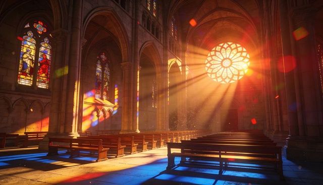 Sunlight streaming through rose window casting stained glass colors on gothic cathedral