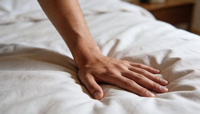 Male hand pressing plush white duvet demonstrating mattress softness and fabric texture