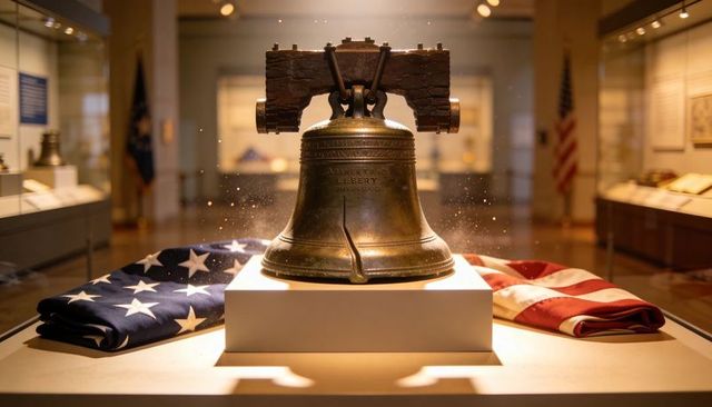 Historic liberty bell resting on white plinth between folded american flags in museum