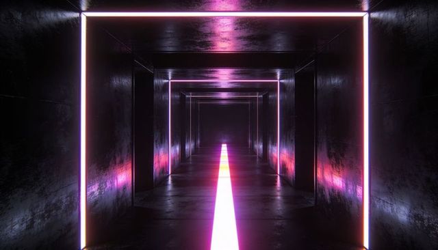 Glowing central neon strip drawing eye down reflective tunnel with framed neon squares