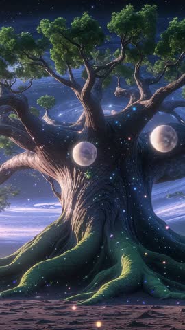 Cosmic Tree Releasing Glowing Orb Drifting Past Roots in Ethereal Starfield Vertical