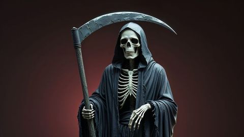 Grim Reaper with Scythe Against Eerie Red and Black Background