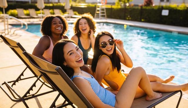 Sunlit friends laughing on pool lounge chairs during golden hour summer relaxation
