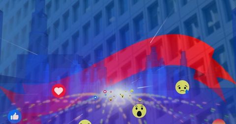 Digital communication displays social media emojis over urban skyscrapers