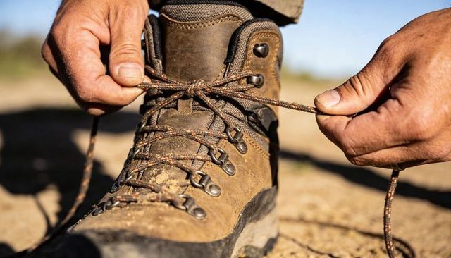 Tying rugged hiking boot laces on dusty desert trail hands tightening worn leather boot closeup