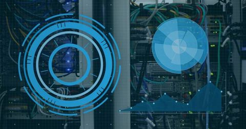 Data center network infrastructure hud analytics overlay on racked servers and ethernet