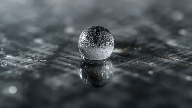 Macro Glass Sphere Reflecting Circuit Grid, Bubble-Filled Orb on Dark Reflective Surface