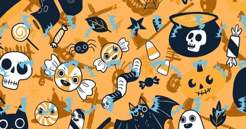 Colorful Halloween Icon Pattern on Orange Background