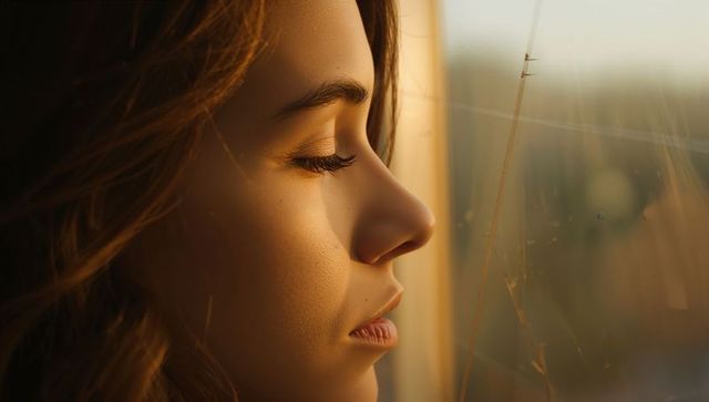 Young woman gazing and pressing face to train window during golden hour, intimate profile