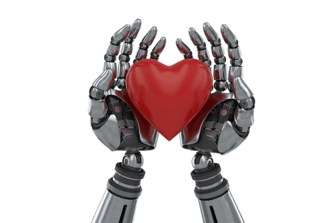 Transparent Robot Hands Gently Holding Red Heart Symbol