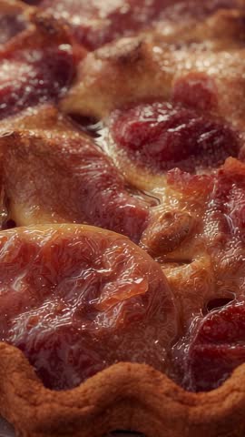 Vertical panning close-up revealing glazed fig tart with golden crust for food video