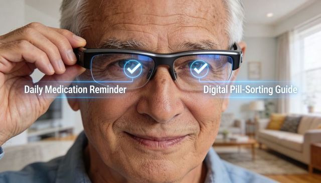 Senior wearing smart glasses with medication reminder hud for home care and independent living