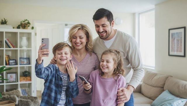 Smiling family posing for selfie in sunlit living room, parents and kids holding smartphones
