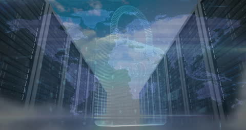 Digital Security: Padlock Overlay on Global Server Room Interface