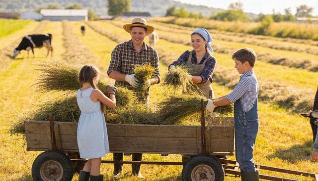 Family harvesting and loading hay onto wooden wagon in sunlit rural field