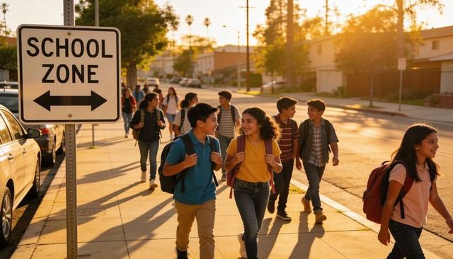 Walking middle school students passing school zone sign on sunlit neighborhood street