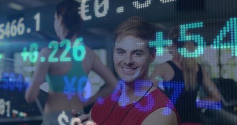 Smiling man jogging on treadmill with digital finance overlay blending fitness and fintech