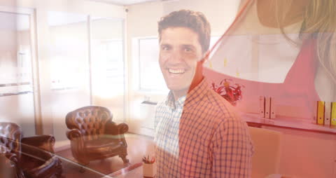 Smiling Businessman in Bright Office Setting Blurred Overlay