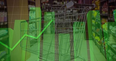 Shopping cart showing retail growth with green bar chart overlay and upward trend line