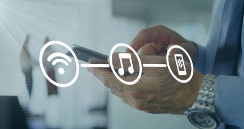 Caucasian Man Using Smartphone with Digital Connection Icons