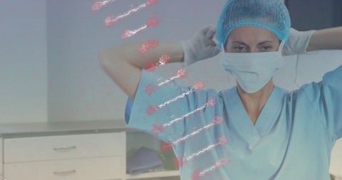 Healthcare professional prepping amidst genetic analysis overlay