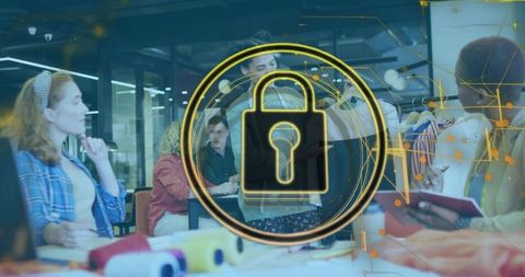 Fashion studio securing creative collaboration with digital padlock overlay and network visualizatio