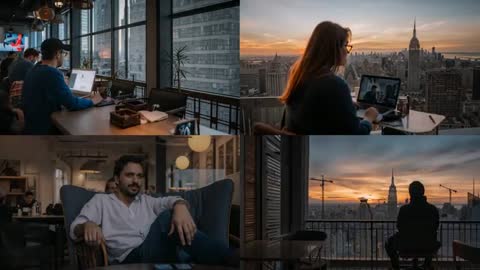 Hybrid teams working and video-calling across coworking lounge and rooftop skyline at dusk