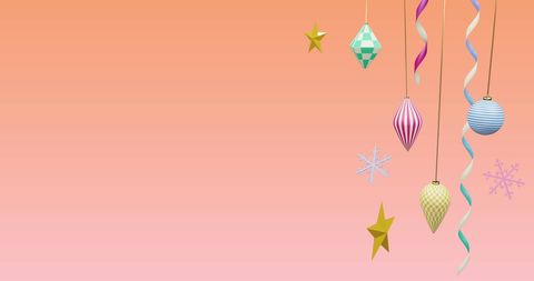 Christmas Decorations on Pink Background with Ornaments and Stars