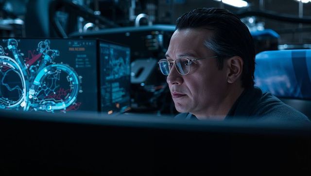 Asian engineer analyzing holographic schematics on multi-screen workstation in futuristic lab