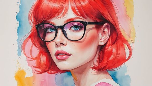 Female Portrait with Red Hair and Glasses on Pastel Watercolor Background