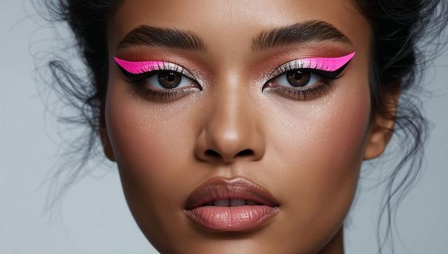 Close-up glam beauty portrait with neon pink graphic eyeliner, shimmer shadow and glossy lips