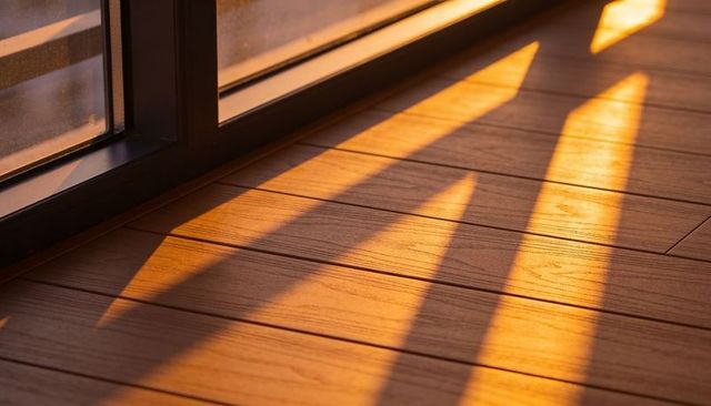 Sunset light casting warm diagonal shadows on wood-plank floor by metal window frame
