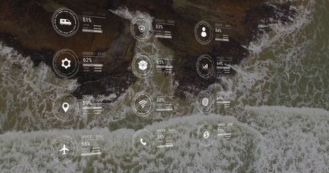 Digital Interface Over Seaside with Data Processing Icons