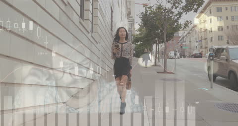 Businesswoman Navigating Financial Data on Smartphone in Urban Scene