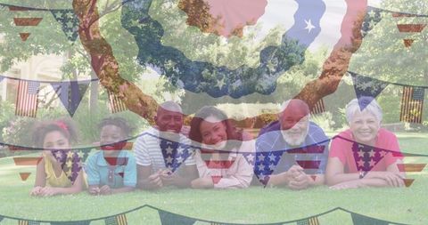 Happy multigenerational family under american flag overlay