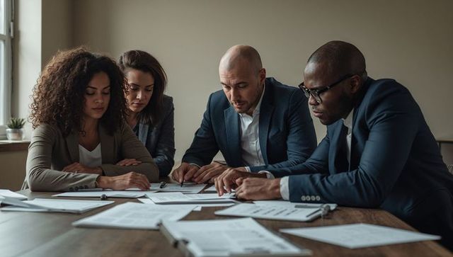 Diverse executive team analyzing financial reports and collaborating at conference table