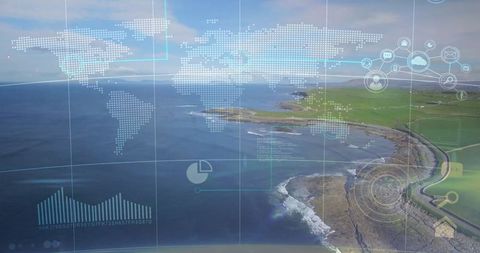 Futuristic Data Overlay on Scenic Coastal Landscape
