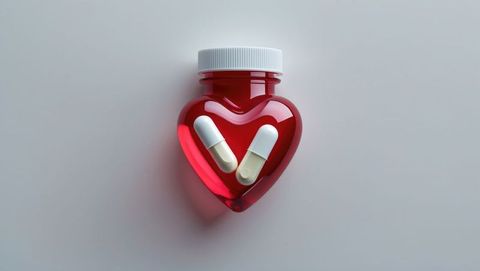 Heart-shaped container with capsules symbolizing wellness, cardiovascular diseases concept