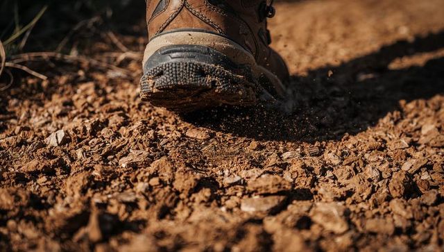 Kicking hiking boot sending dust and pebbles on dry rocky trail, rugged leather sole