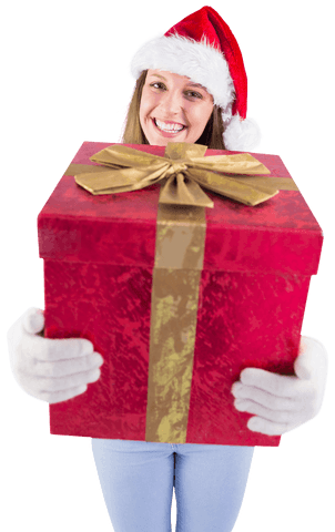 smiling woman in santa hat holding large red present transparent - Download Free Stock Videos Pikwizard.com